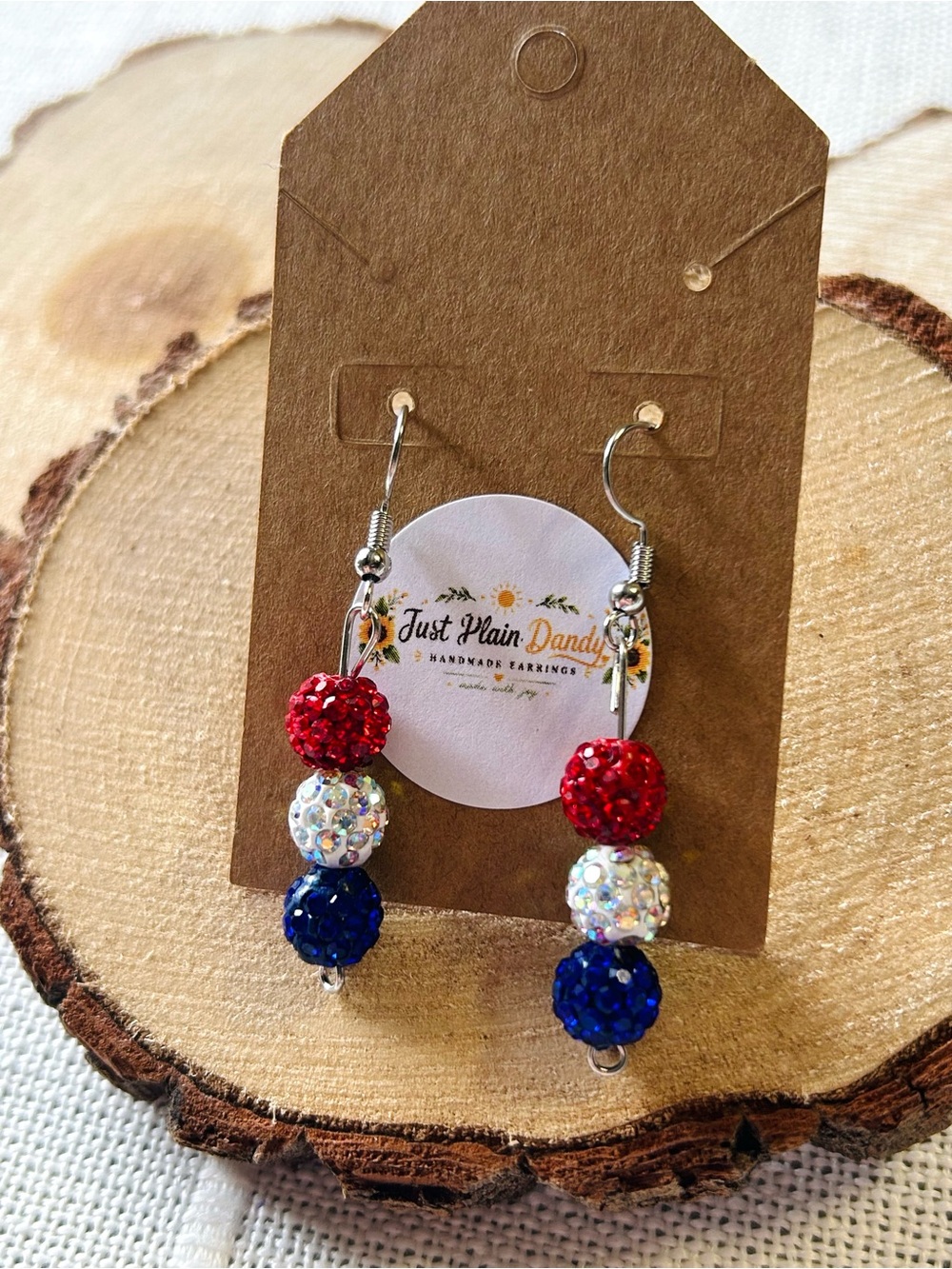 Handmade Patriotic Red White Blue Rhinestone Dangle Earrings USA NWT